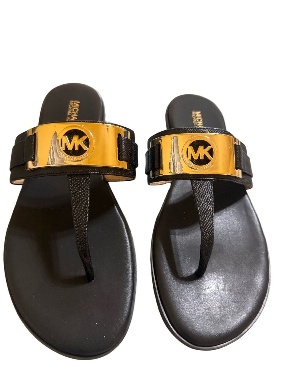 Michael Kors Black Sandals with Gold MK Plaque